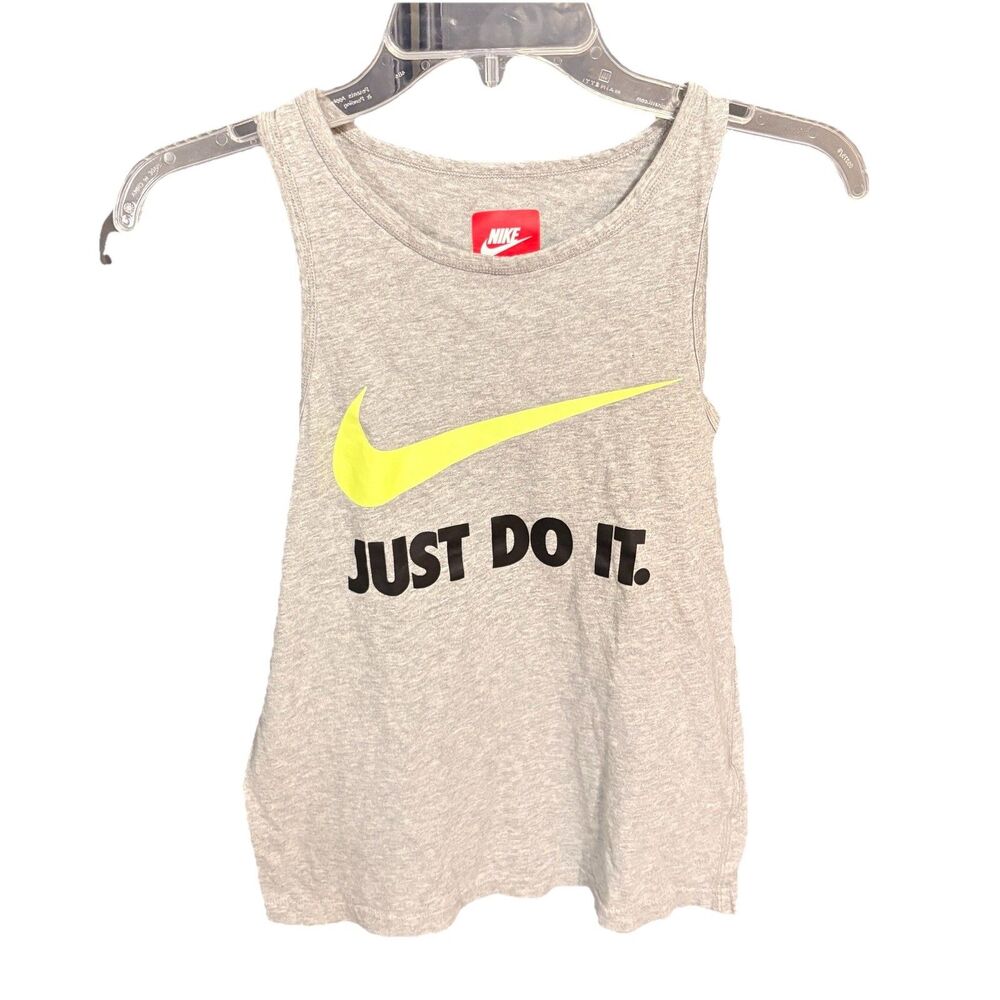 Nike Graphic Tank Top Women’s Size Large Gray Neon Yellow Logo “Just Do It”
